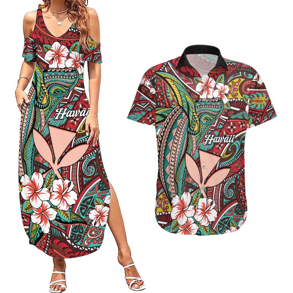 Personalised Hawaii Tribal Humpback Whale Couples Matching Summer Maxi Dress and Hawaiian Shirt Ulaula Hibiscus Seamless Pattern LT9 Red - Polynesian Pride