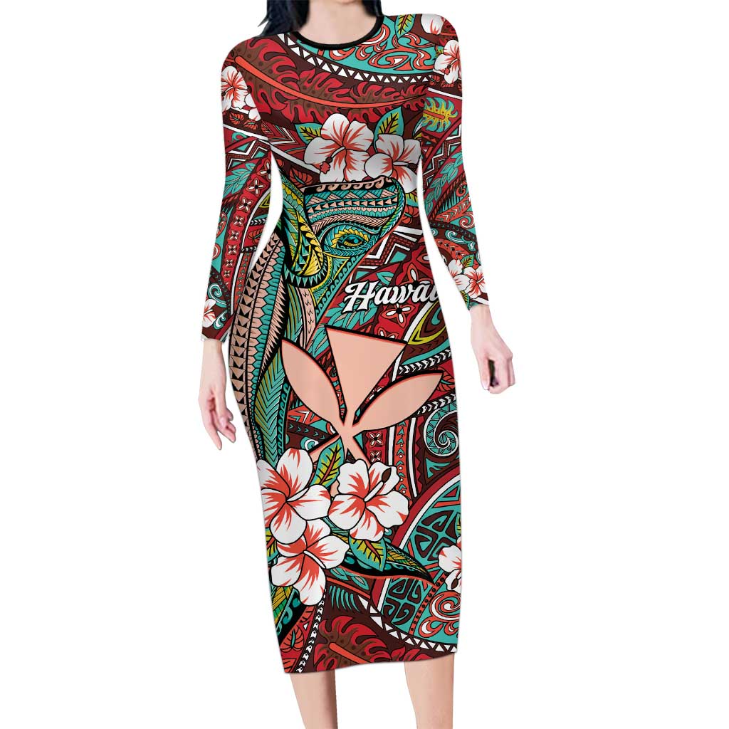 Personalised Hawaii Tribal Humpback Whale Family Matching Long Sleeve Bodycon Dress and Hawaiian Shirt Ulaula Hibiscus Seamless Pattern