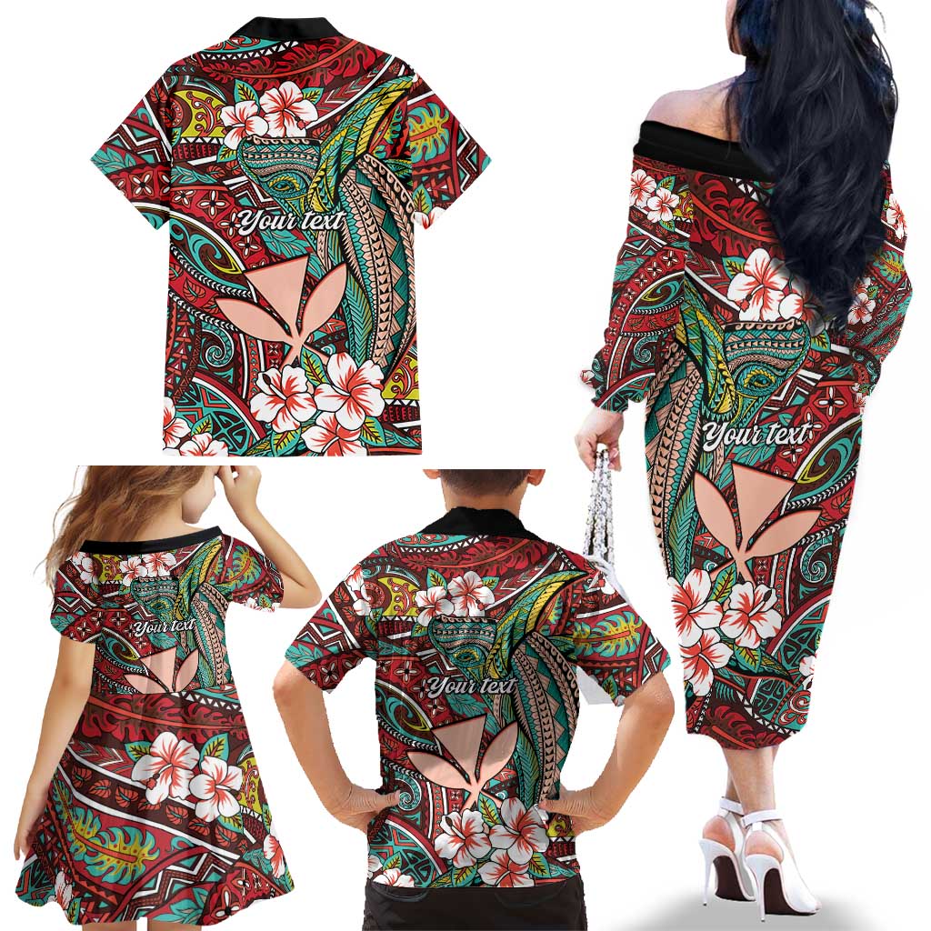 Personalised Hawaii Tribal Humpback Whale Family Matching Off The Shoulder Long Sleeve Dress and Hawaiian Shirt Ulaula Hibiscus Seamless Pattern
