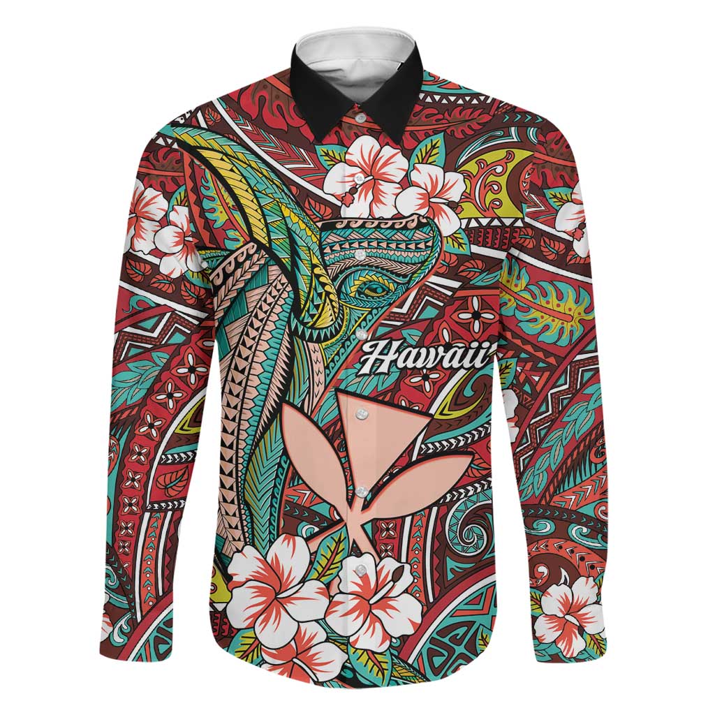 Personalised Hawaii Tribal Humpback Whale Family Matching Off Shoulder Maxi Dress and Hawaiian Shirt Ulaula Hibiscus Seamless Pattern LT9 Dad's Shirt - Long Sleeve Red - Polynesian Pride
