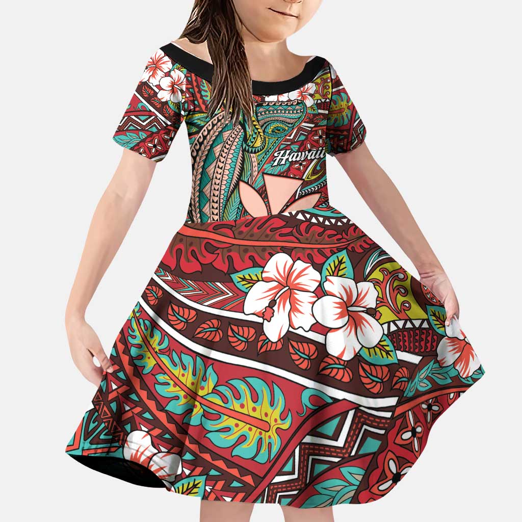 Personalised Hawaii Tribal Humpback Whale Family Matching Off Shoulder Short Dress and Hawaiian Shirt Ulaula Hibiscus Seamless Pattern LT9 Daughter's Dress Red - Polynesian Pride
