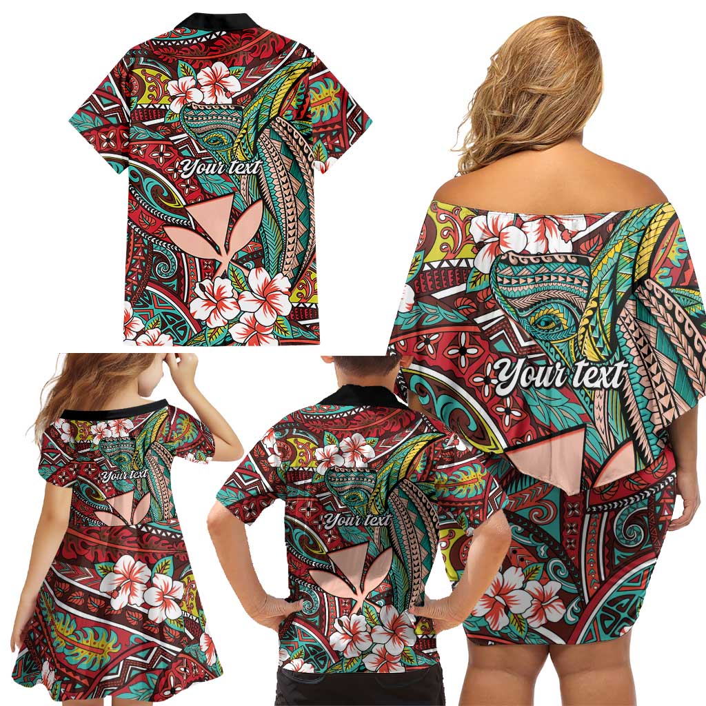 Personalised Hawaii Tribal Humpback Whale Family Matching Off Shoulder Short Dress and Hawaiian Shirt Ulaula Hibiscus Seamless Pattern LT9 - Polynesian Pride