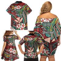 Personalised Hawaii Tribal Humpback Whale Family Matching Off Shoulder Short Dress and Hawaiian Shirt Ulaula Hibiscus Seamless Pattern LT9 - Polynesian Pride