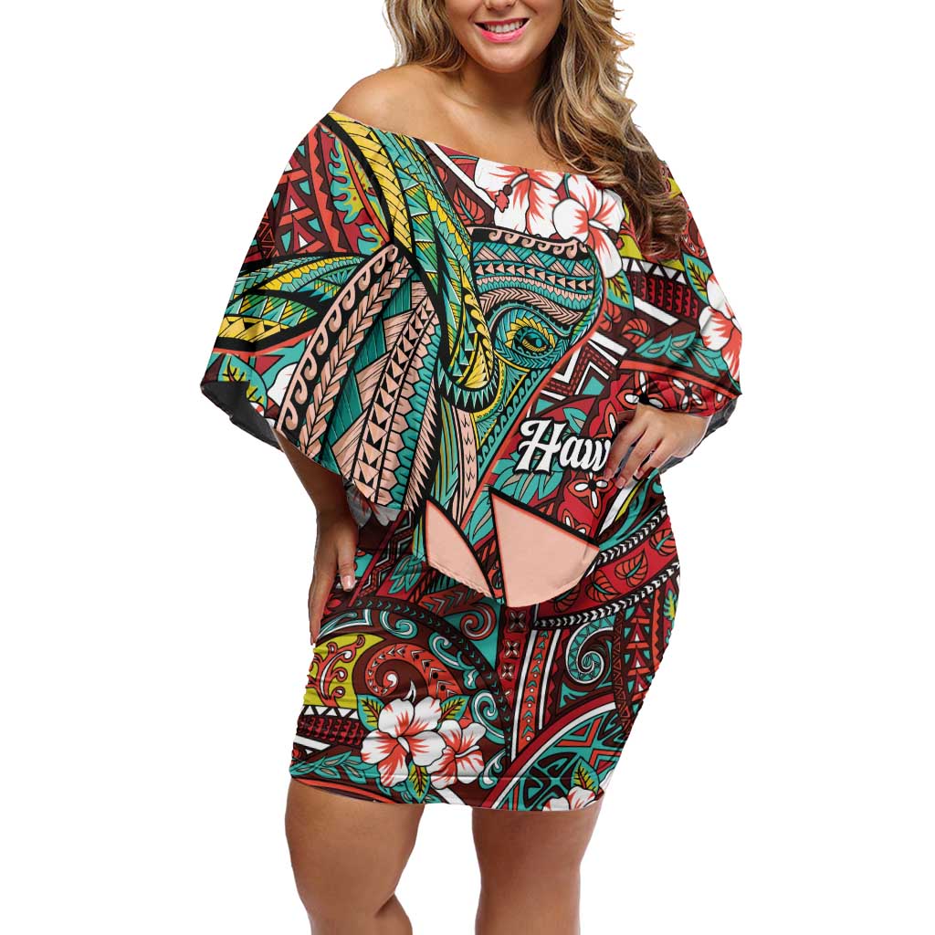 Personalised Hawaii Tribal Humpback Whale Family Matching Off Shoulder Short Dress and Hawaiian Shirt Ulaula Hibiscus Seamless Pattern LT9 Mom's Dress Red - Polynesian Pride