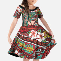 Personalised Hawaii Tribal Humpback Whale Family Matching Puletasi and Hawaiian Shirt Ulaula Hibiscus Seamless Pattern LT9 Daughter's Dress Red - Polynesian Pride