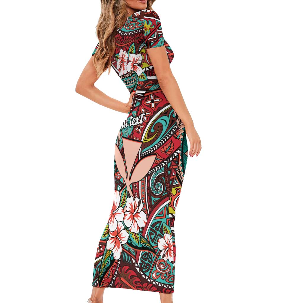 Personalised Hawaii Tribal Humpback Whale Family Matching Short Sleeve Bodycon Dress and Hawaiian Shirt Ulaula Hibiscus Seamless Pattern