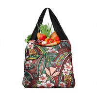 Personalised Hawaii Tribal Humpback Whale Grocery Bag Ulaula Hibiscus Seamless Pattern