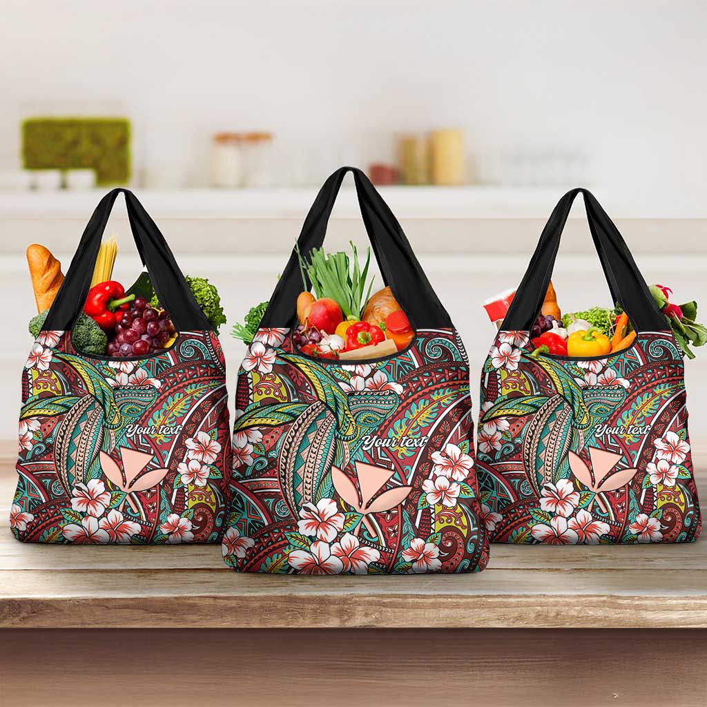 Personalised Hawaii Tribal Humpback Whale Grocery Bag Ulaula Hibiscus Seamless Pattern