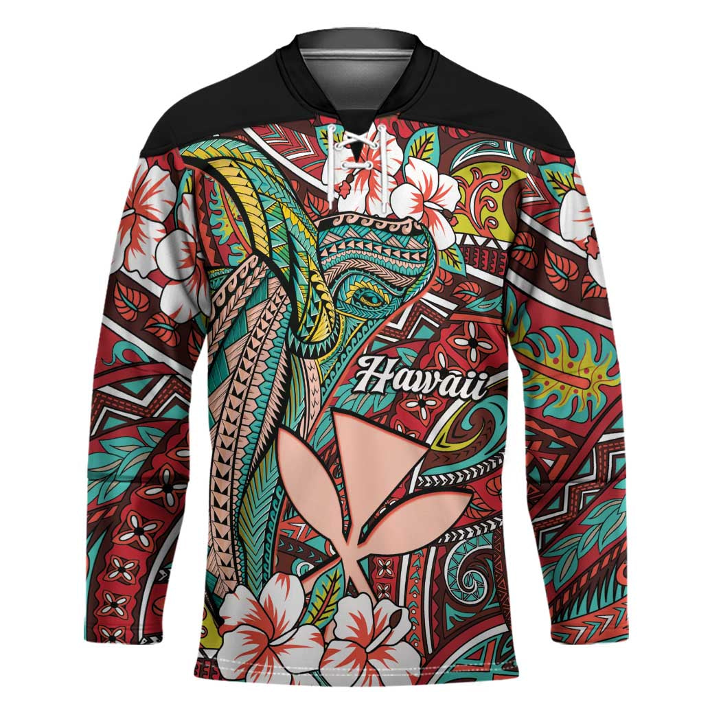 Personalised Hawaii Tribal Humpback Whale Hockey Jersey Ulaula Hibiscus Seamless Pattern LT9 Unisex Red - Polynesian Pride