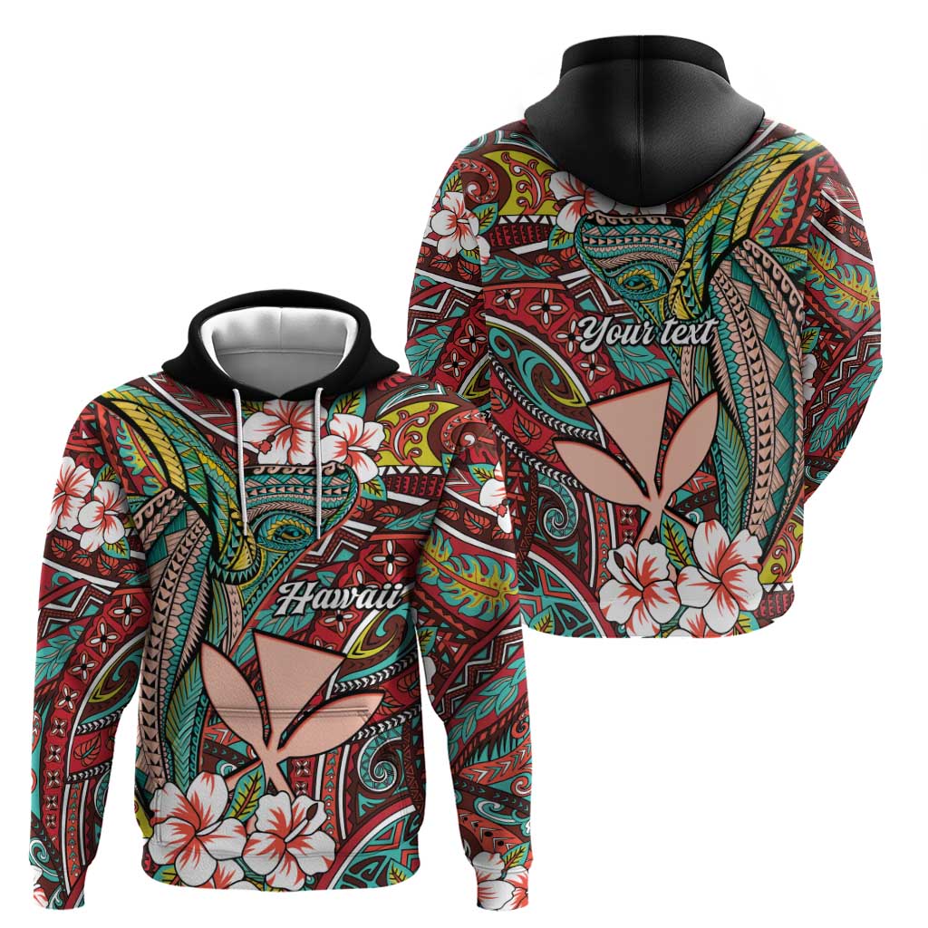 Personalised Hawaii Tribal Humpback Whale Hoodie Ulaula Hibiscus Seamless Pattern