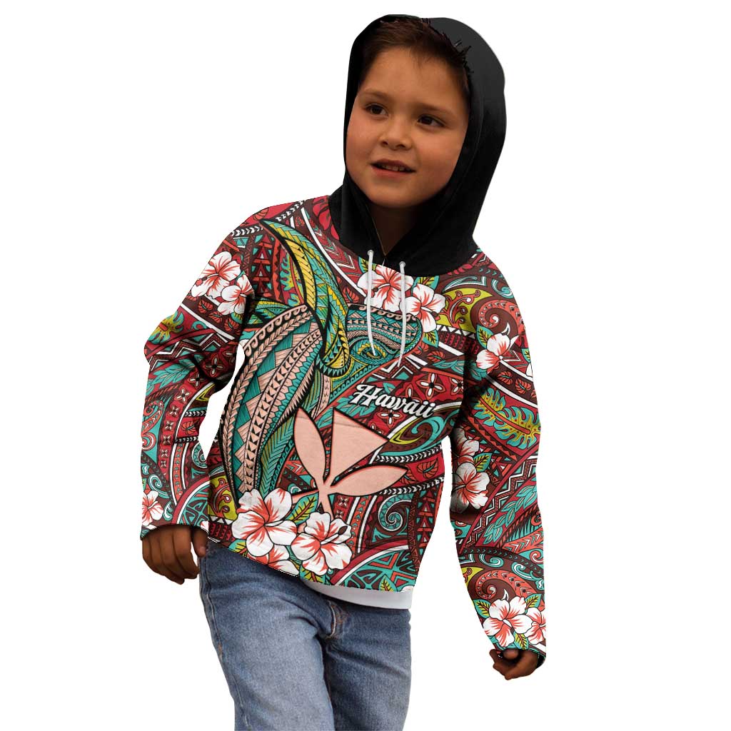 Personalised Hawaii Tribal Humpback Whale Kid Hoodie Ulaula Hibiscus Seamless Pattern