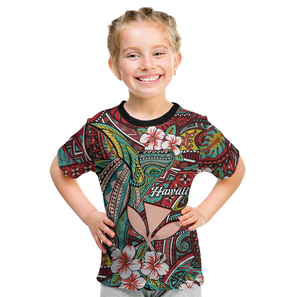 Personalised Hawaii Tribal Humpback Whale Kid T Shirt Ulaula Hibiscus Seamless Pattern LT9 Red - Polynesian Pride