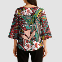 Personalised Hawaii Tribal Humpback Whale Kimono Sleeve Blouse Ulaula Hibiscus Seamless Pattern