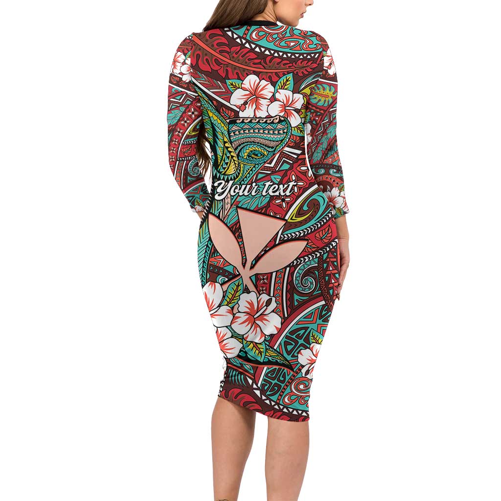Personalised Hawaii Tribal Humpback Whale Long Sleeve Bodycon Dress Ulaula Hibiscus Seamless Pattern