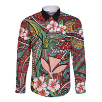 Personalised Hawaii Tribal Humpback Whale Long Sleeve Button Shirt Ulaula Hibiscus Seamless Pattern