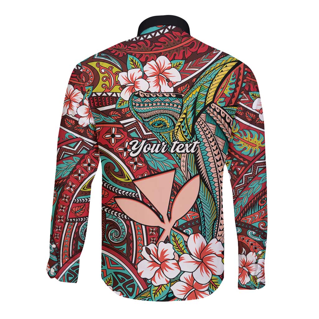 Personalised Hawaii Tribal Humpback Whale Long Sleeve Button Shirt Ulaula Hibiscus Seamless Pattern