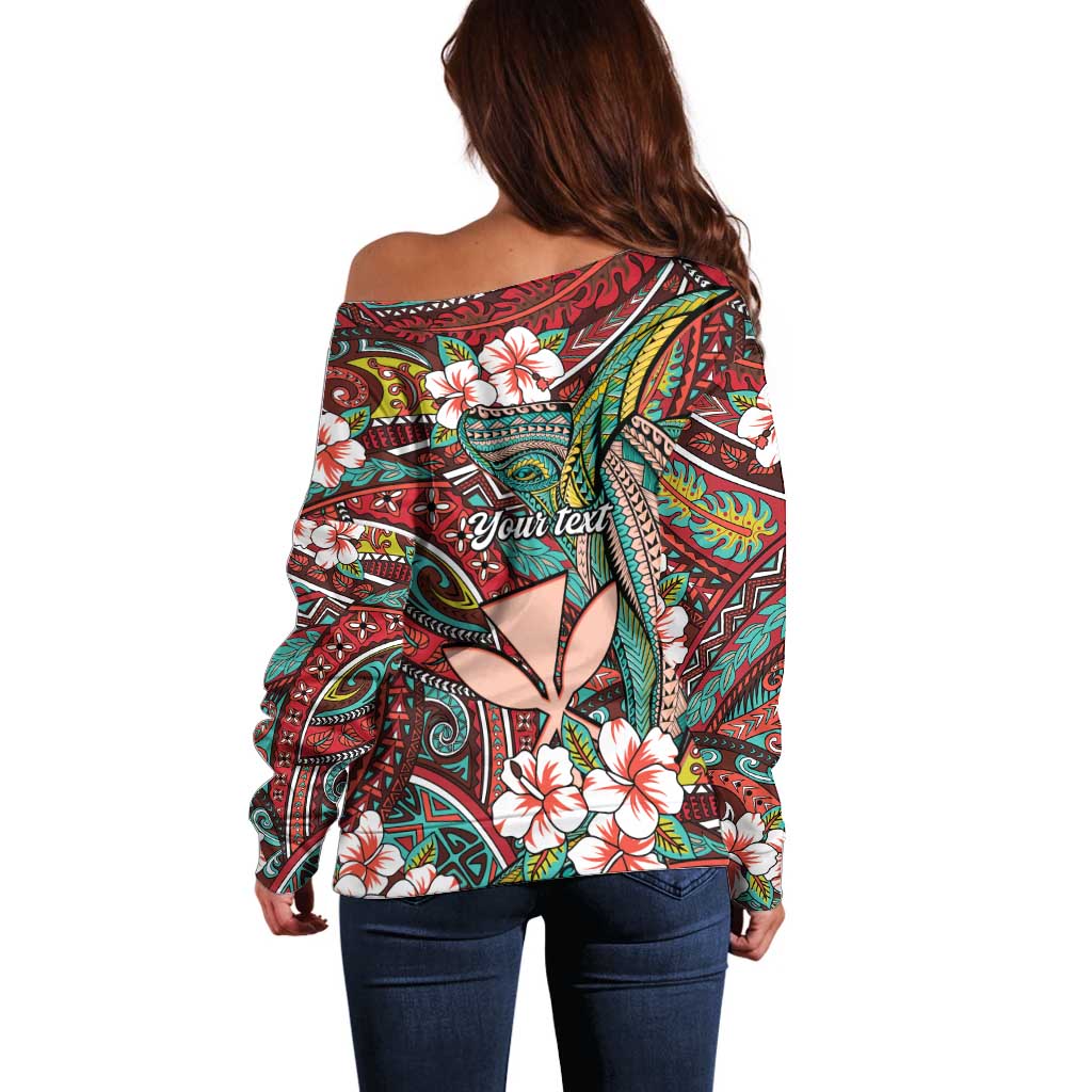 Personalised Hawaii Tribal Humpback Whale Off Shoulder Sweater Ulaula Hibiscus Seamless Pattern