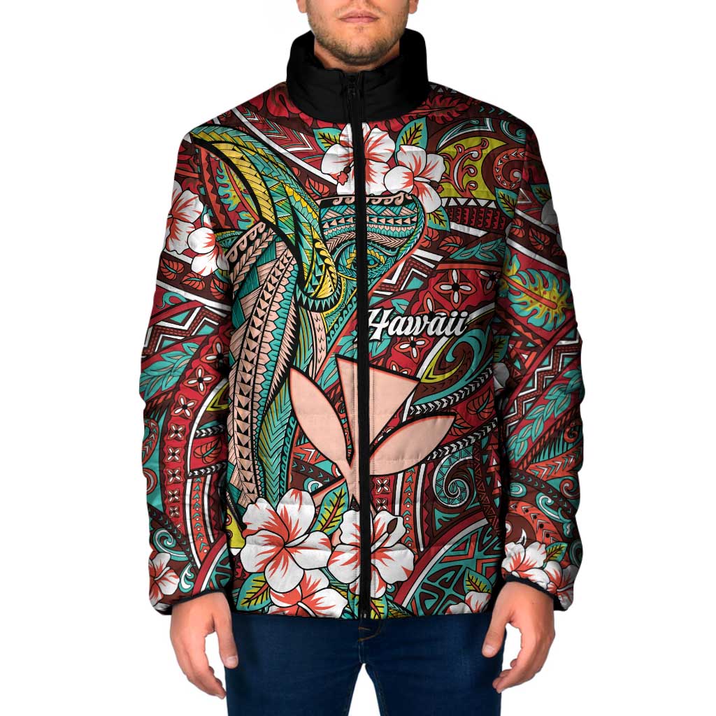 Personalised Hawaii Tribal Humpback Whale Padded Jacket Ulaula Hibiscus Seamless Pattern