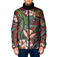 Personalised Hawaii Tribal Humpback Whale Padded Jacket Ulaula Hibiscus Seamless Pattern