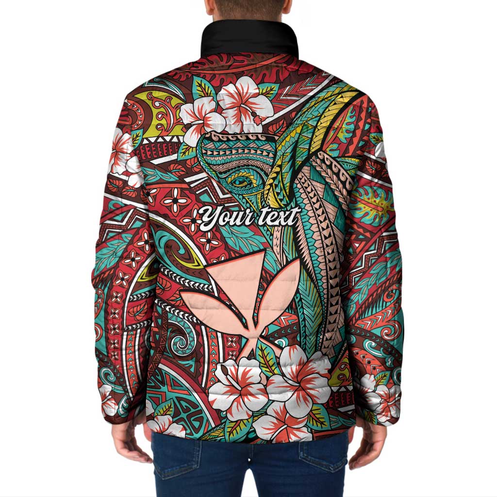Personalised Hawaii Tribal Humpback Whale Padded Jacket Ulaula Hibiscus Seamless Pattern