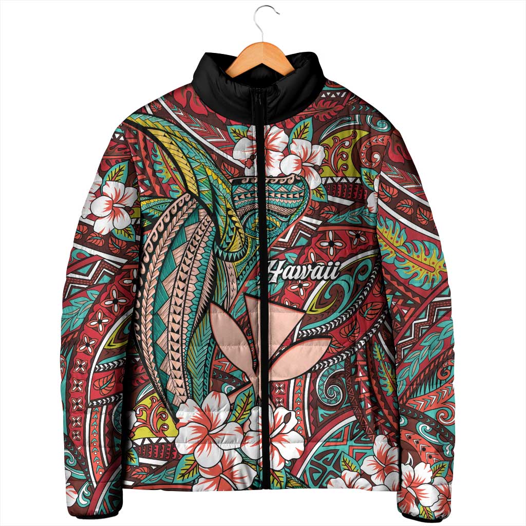 Personalised Hawaii Tribal Humpback Whale Padded Jacket Ulaula Hibiscus Seamless Pattern