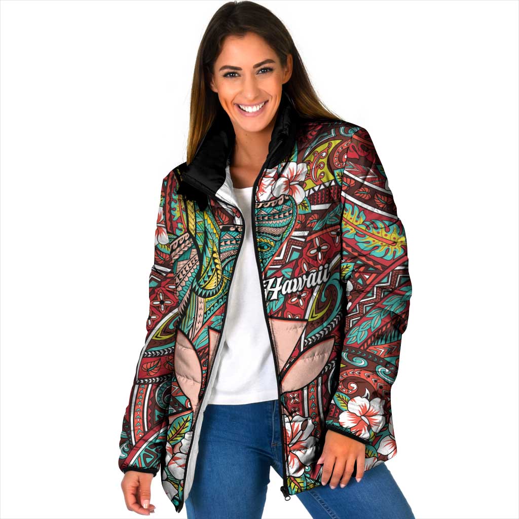 Personalised Hawaii Tribal Humpback Whale Padded Jacket Ulaula Hibiscus Seamless Pattern