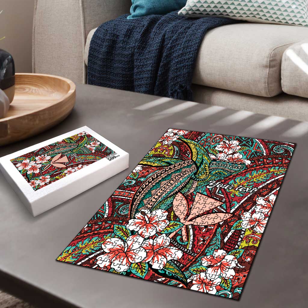 Personalised Hawaii Tribal Humpback Whale Puzzle Ulaula Hibiscus Seamless Pattern