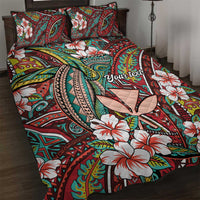 Personalised Hawaii Tribal Humpback Whale Quilt Bed Set Ulaula Hibiscus Seamless Pattern