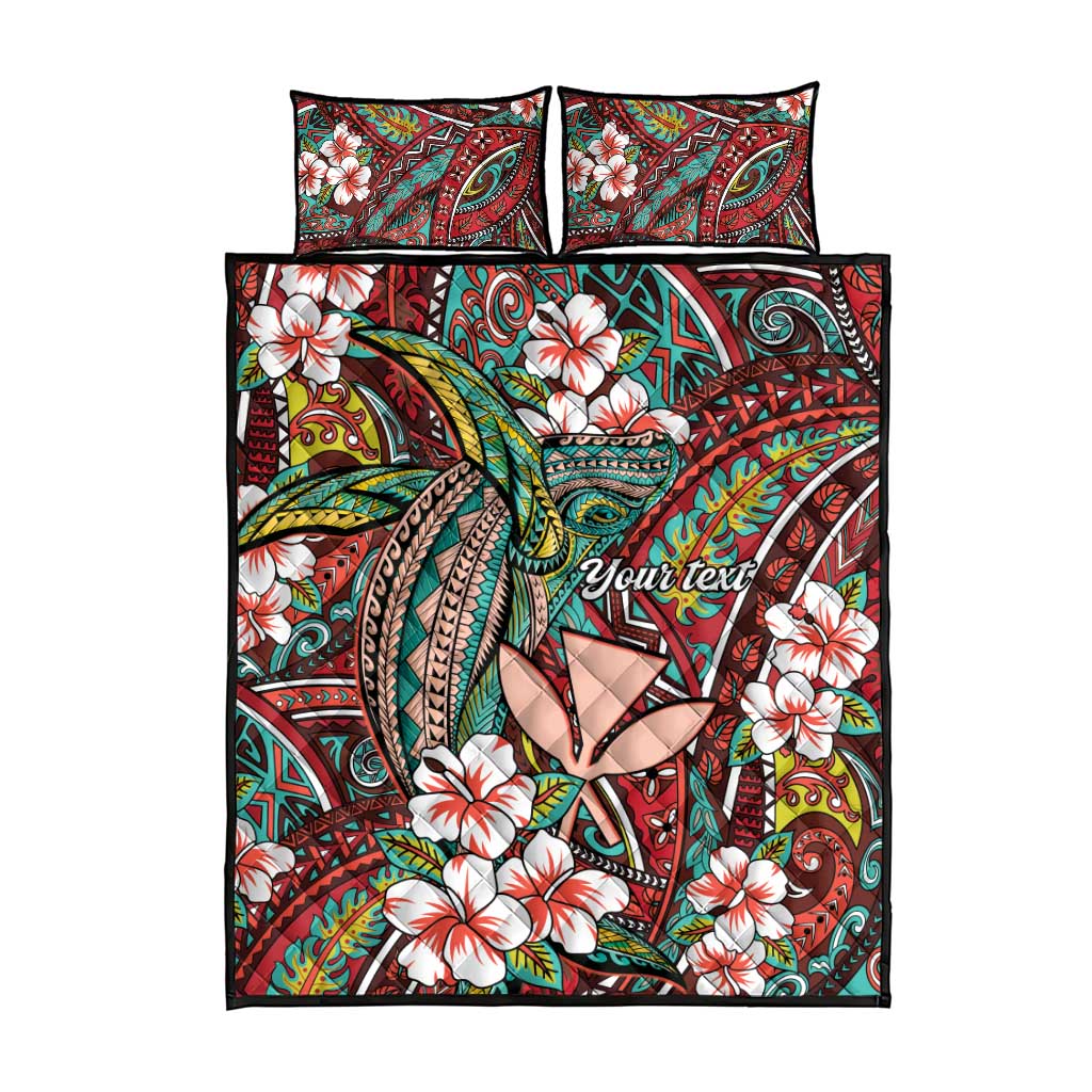 Personalised Hawaii Tribal Humpback Whale Quilt Bed Set Ulaula Hibiscus Seamless Pattern