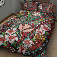 Personalised Hawaii Tribal Humpback Whale Quilt Bed Set Ulaula Hibiscus Seamless Pattern