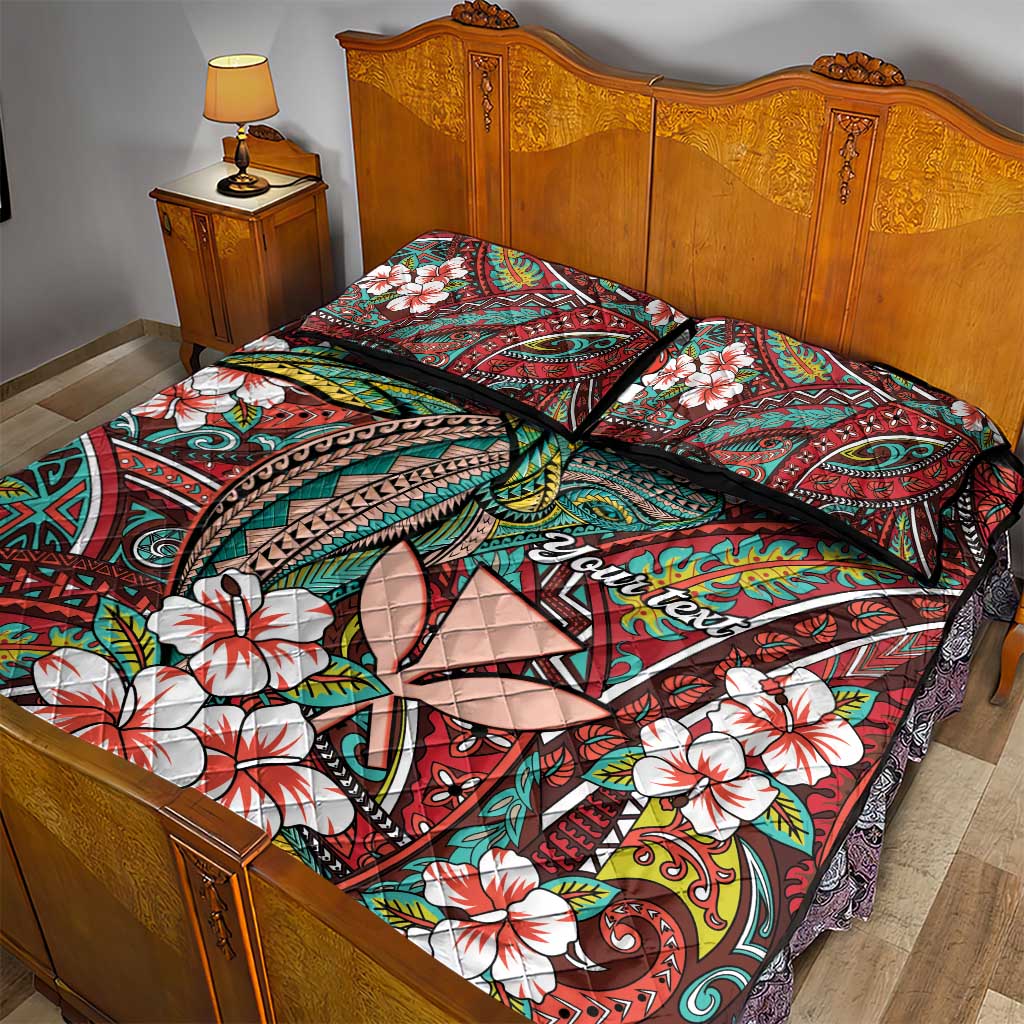 Personalised Hawaii Tribal Humpback Whale Quilt Bed Set Ulaula Hibiscus Seamless Pattern