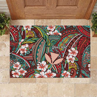 Personalised Hawaii Tribal Humpback Whale Rubber Doormat Ulaula Hibiscus Seamless Pattern