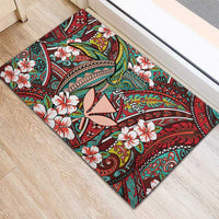 Personalised Hawaii Tribal Humpback Whale Rubber Doormat Ulaula Hibiscus Seamless Pattern