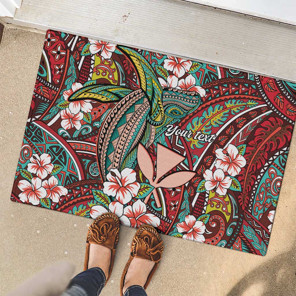 Personalised Hawaii Tribal Humpback Whale Rubber Doormat Ulaula Hibiscus Seamless Pattern