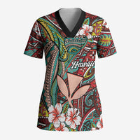 Personalised Hawaii Tribal Humpback Whale Scrub Top Ulaula Hibiscus Seamless Pattern