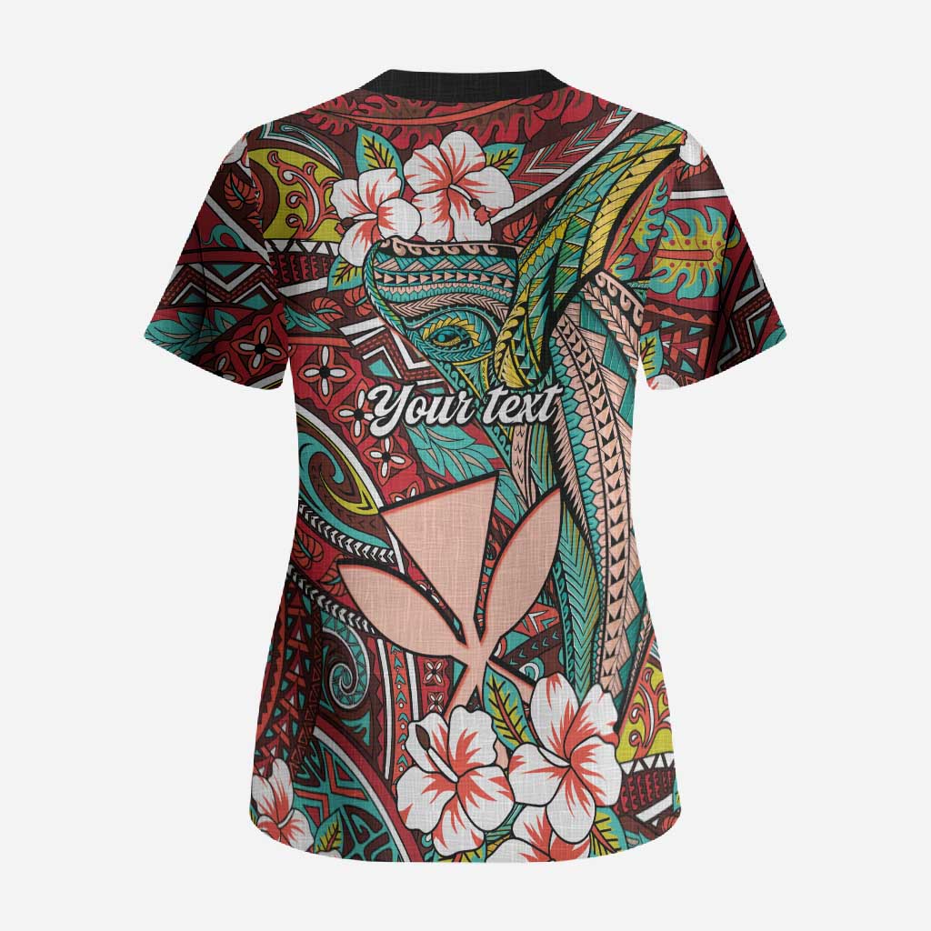 Personalised Hawaii Tribal Humpback Whale Scrub Top Ulaula Hibiscus Seamless Pattern