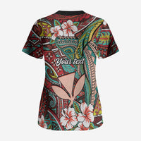 Personalised Hawaii Tribal Humpback Whale Scrub Top Ulaula Hibiscus Seamless Pattern