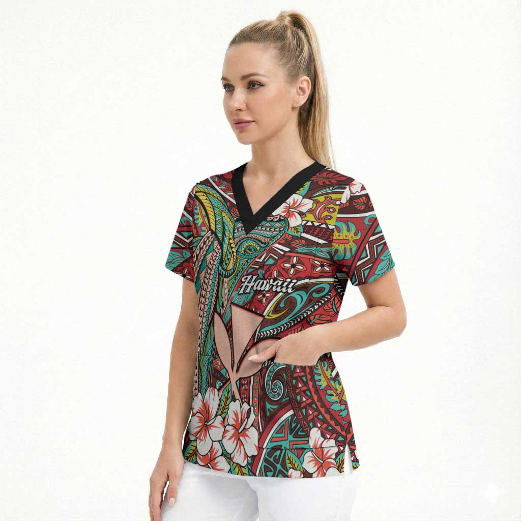 Personalised Hawaii Tribal Humpback Whale Scrub Top Ulaula Hibiscus Seamless Pattern