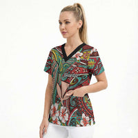 Personalised Hawaii Tribal Humpback Whale Scrub Top Ulaula Hibiscus Seamless Pattern