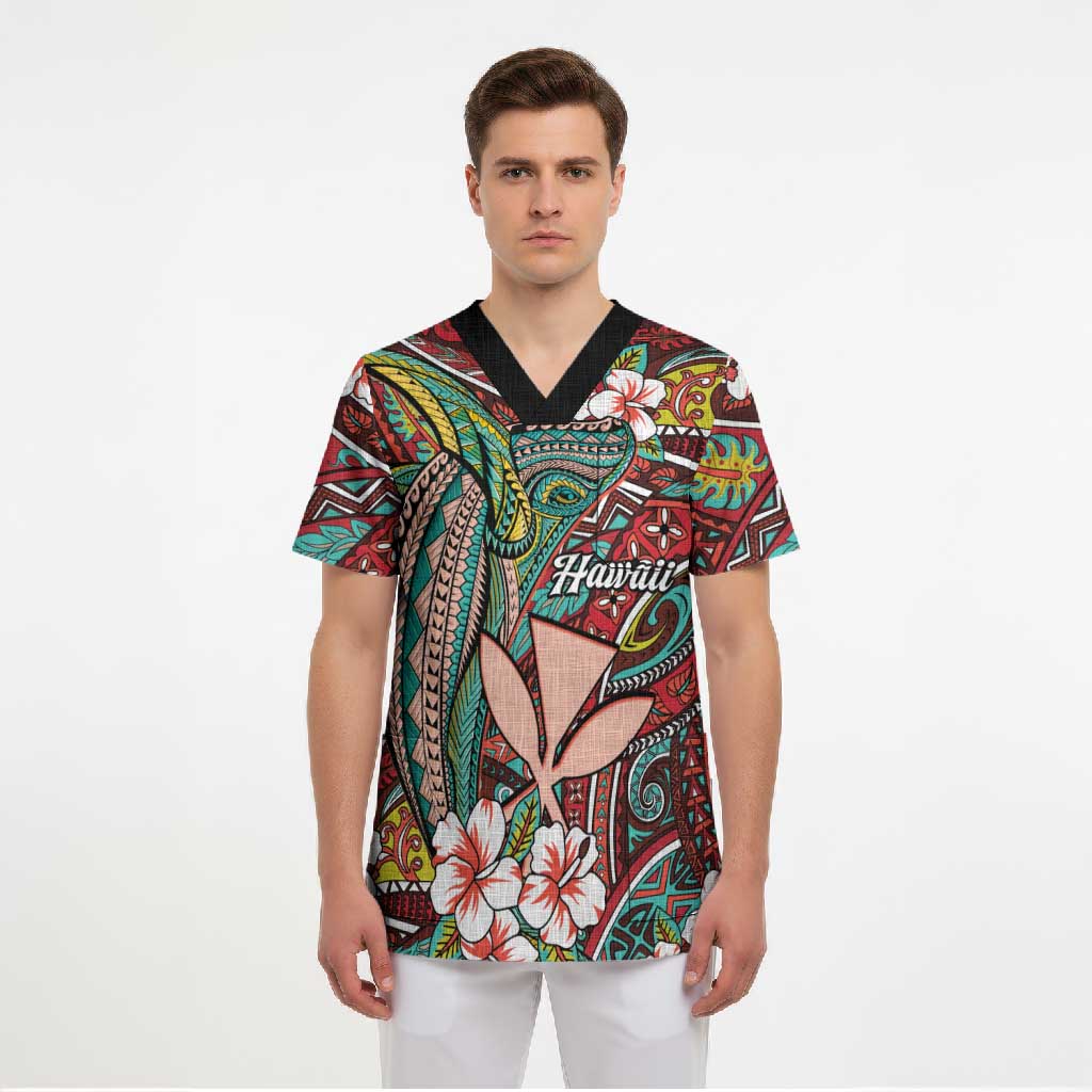 Personalised Hawaii Tribal Humpback Whale Scrub Top Ulaula Hibiscus Seamless Pattern