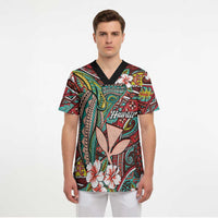 Personalised Hawaii Tribal Humpback Whale Scrub Top Ulaula Hibiscus Seamless Pattern
