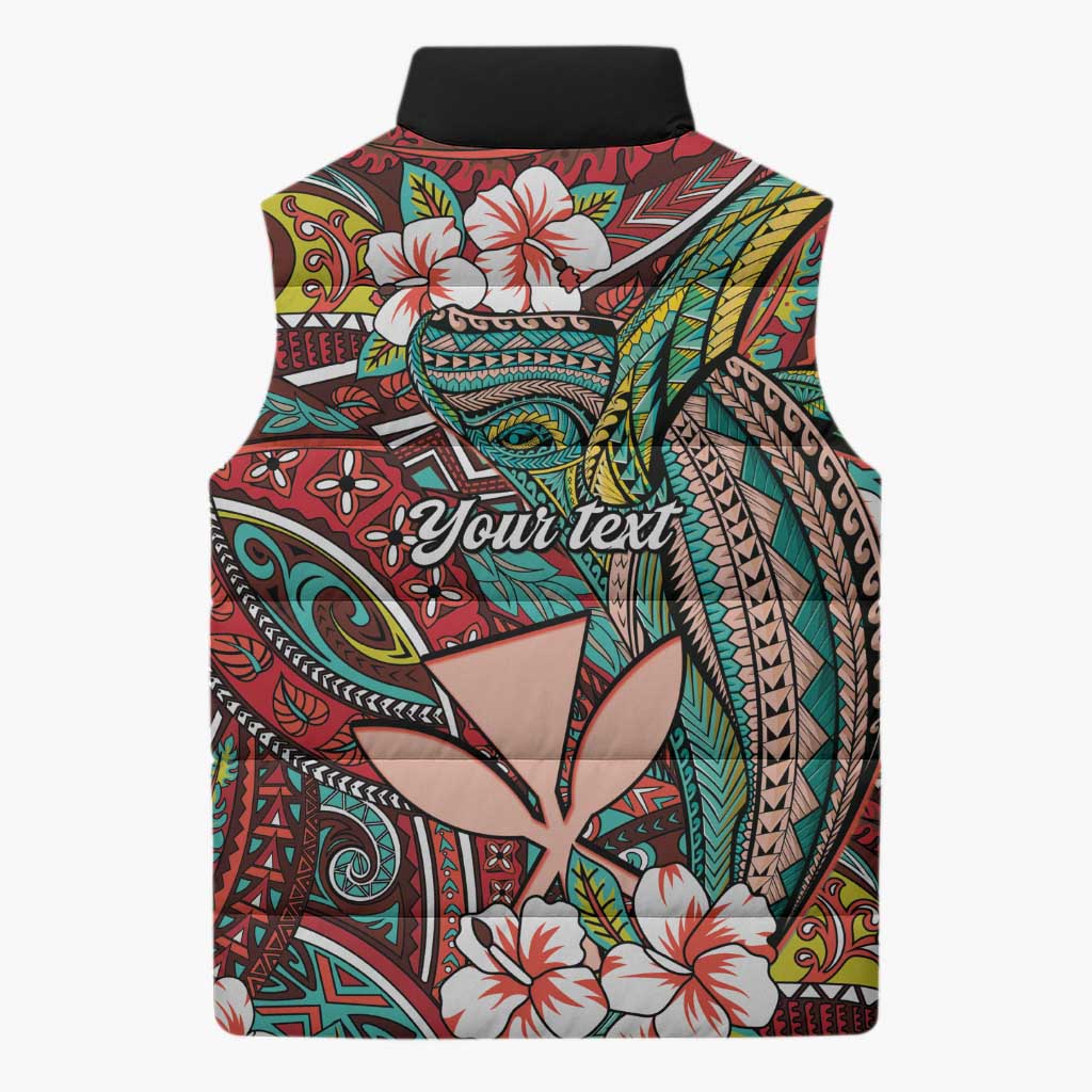 Personalised Hawaii Tribal Humpback Whale Sleeveless Puffer Jacket Ulaula Hibiscus Seamless Pattern