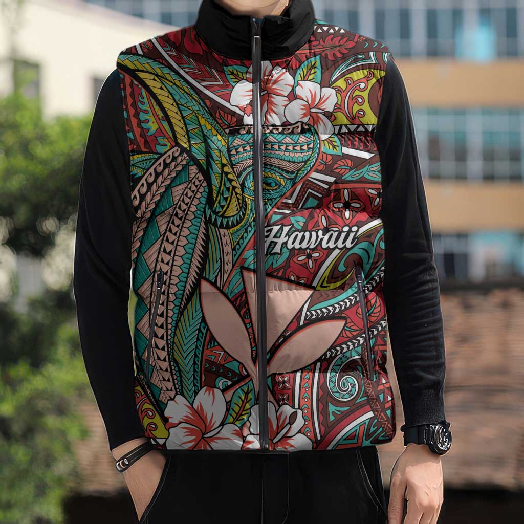 Personalised Hawaii Tribal Humpback Whale Sleeveless Puffer Jacket Ulaula Hibiscus Seamless Pattern