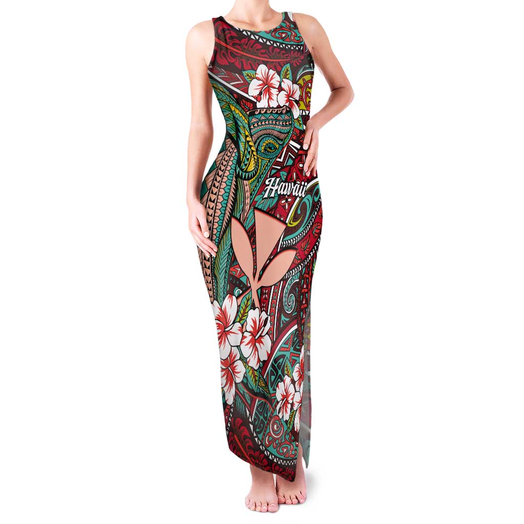 Personalised Hawaii Tribal Humpback Whale Tank Maxi Dress Ulaula Hibiscus Seamless Pattern LT9 Women Red - Polynesian Pride
