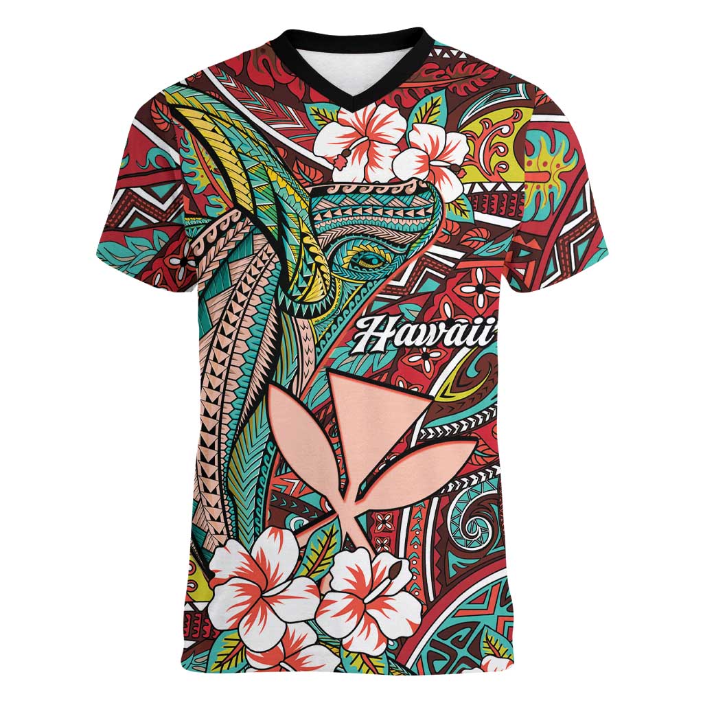 Personalised Hawaii Tribal Humpback Whale Women V-Neck T-Shirt Ulaula Hibiscus Seamless Pattern LT9 Female Red - Polynesian Pride