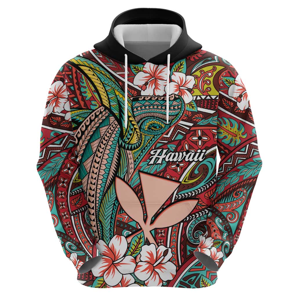 Personalised Hawaii Tribal Humpback Whale Zip Hoodie Ulaula Hibiscus Seamless Pattern