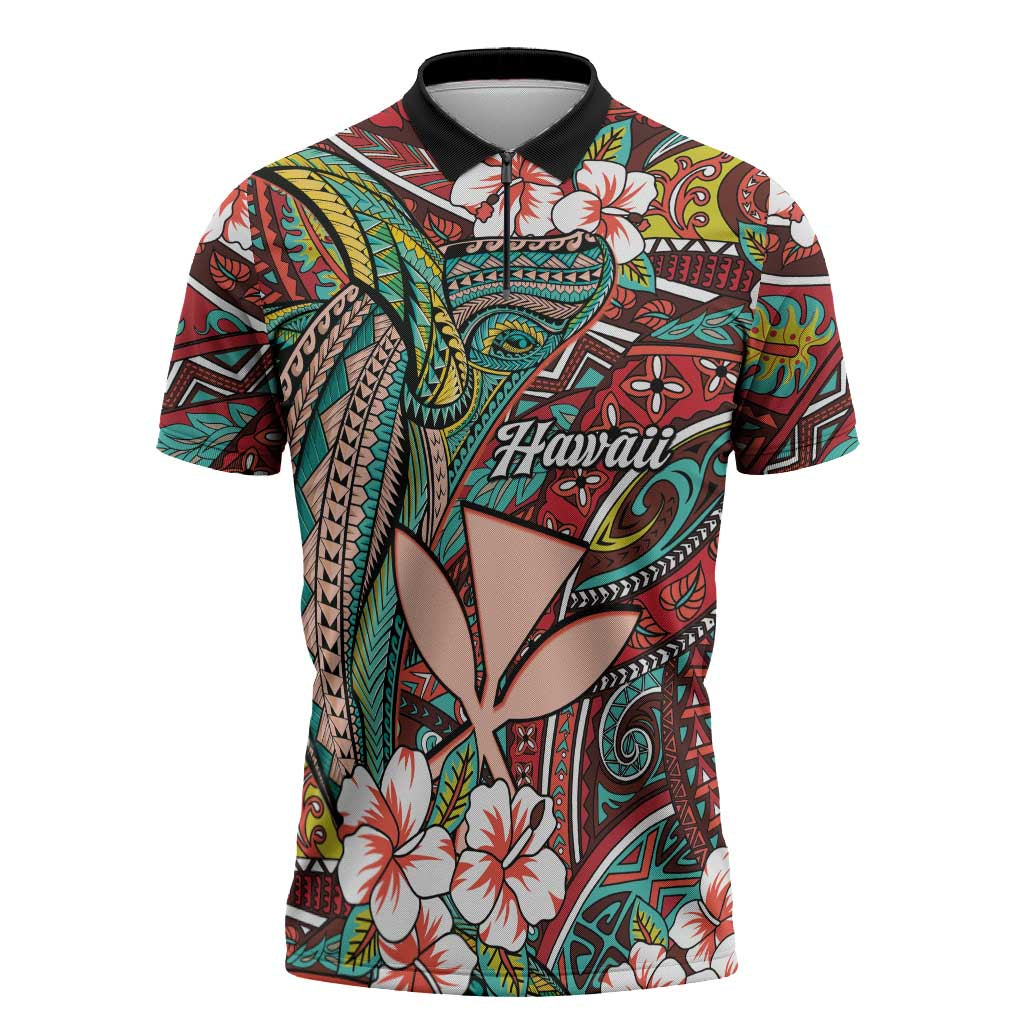 Personalised Hawaii Tribal Humpback Whale Zipper Polo Shirt Ulaula Hibiscus Seamless Pattern LT9 Red - Polynesian Pride