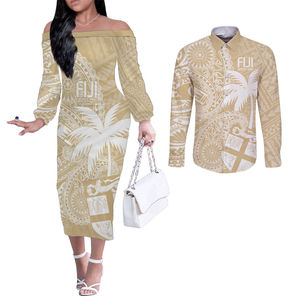 Custom Indo Fijians Couples Matching Off The Shoulder Long Sleeve Dress and Long Sleeve Button Shirt Fiji ke Hindustani Polyneisan Paisley Beige Style
