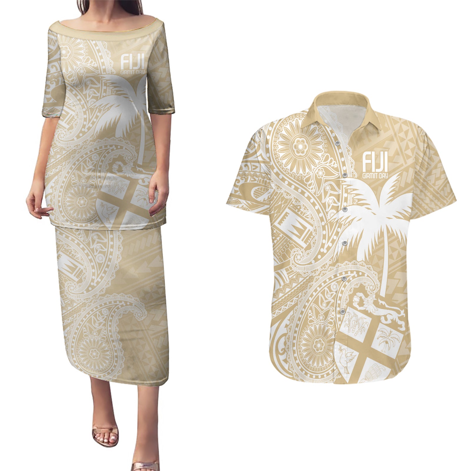 Custom Indo Fijians Couples Matching Puletasi and Hawaiian Shirt Fiji ke Hindustani Polyneisan Paisley Beige Style