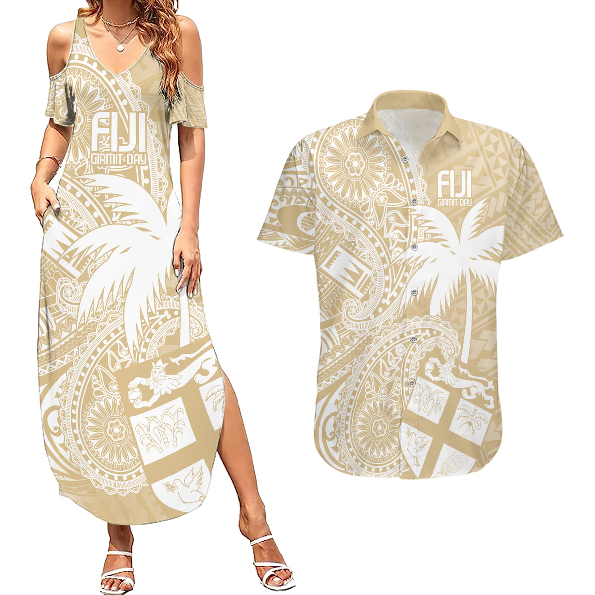 Custom Indo Fijians Couples Matching Summer Maxi Dress and Hawaiian Shirt Fiji ke Hindustani Polyneisan Paisley Beige Style